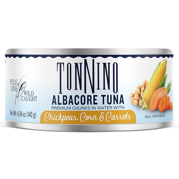 Tonnino Tuna Fish Albacore - Premium chunk in water with Chickpeas, Corn & Carrots - Pack of 12