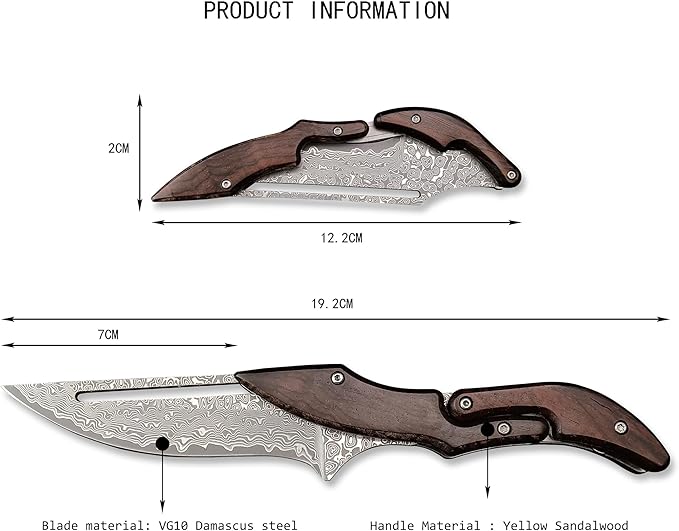 HUAAO Damascus Folding Knife, Yellow Sandalwood Handle with Mechanical Lock, Tactical Pocket Knife