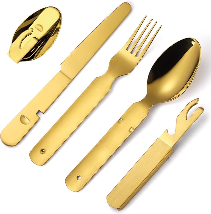 Picnic Silverware Gold Camping Cutlery Fork Knife Spoon Bottle Opener 4 Pieces Flatware Utensil Kit