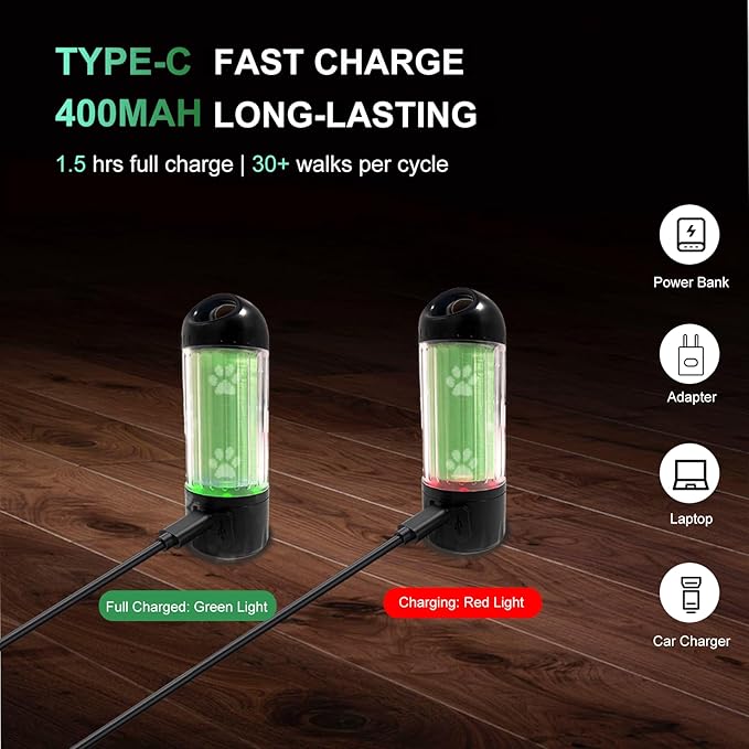 3-in-1 Dog Poop Bag Holder with Flashlight 7-Color, USB-C Rechargeable doggie bag holder for leash