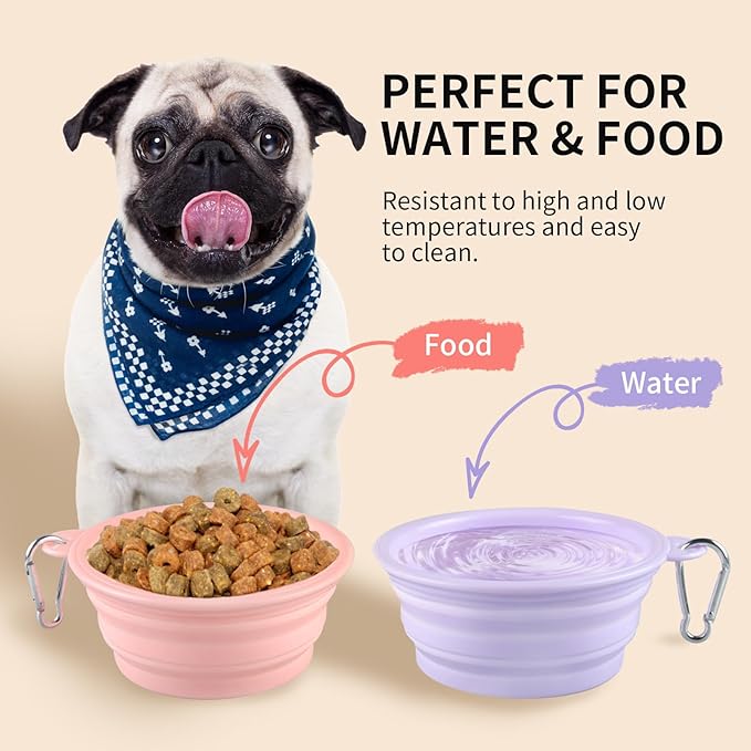 Collapsible Dog Bowls 2-Pack, Portable Travel Dog Bowl with Carabiner, Food-Grade Silicone Pet Bowl