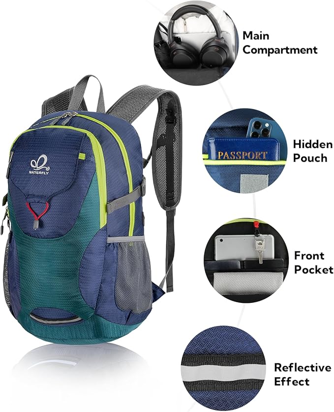 WATERFLY Lightweight Packable Hiking Backpack: 30L Foldable Travel Daypack Ultralight Camping Day