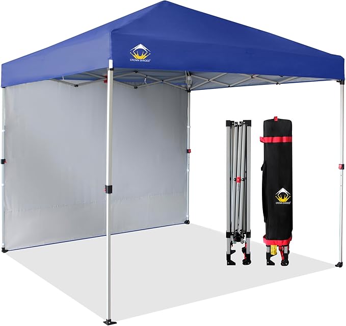 CROWN SHADES 8x8 Pop Up Canopy with 1 Side Wall - Beach Tent with One Push Setup - Outdoor Sun