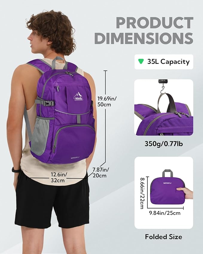 WATERFLY Hiking Foldable Daypack Backpack: 25/35L Ultra Lightweight Packable Waterproof Outdoor