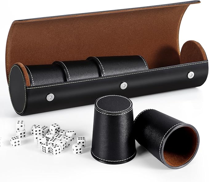 Leather Dice Cup Set, 5 Black Leather Dice Cups + 25 Dice + Exclusive Storage and Transport Case