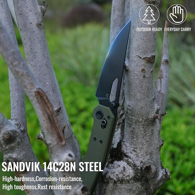 Sharplyn Folding Pocket Knife, 3.6" 14C28N Steel Blade with Black PVD Non-Slip OD Green G10 Handle