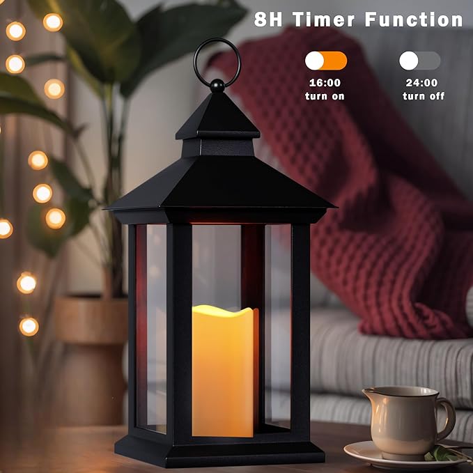 Lanterns Decorative Indoor, 2 Pack Black Outdoor Lantern with Timer, 14" Lantern Waterproof with