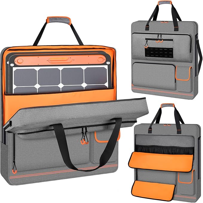 Solar Panel Storage Bag with Orange Lining, Deepened Opening, Zipper with Pull and Multi-Accessory