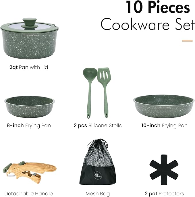 10 Pcs Pots and Pans Set Non Stick, Nonstick Kitchen Cookware Sets Detachable Handle, Induction