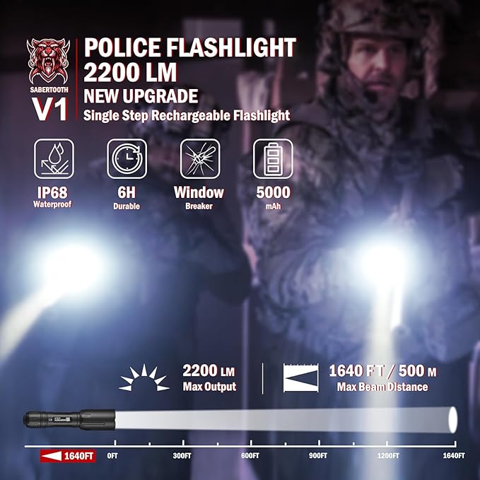 SABERTOOTH Police Tactical Flashlight-2200 High Lumen Duty Belt Flashlight for Law Enforcement