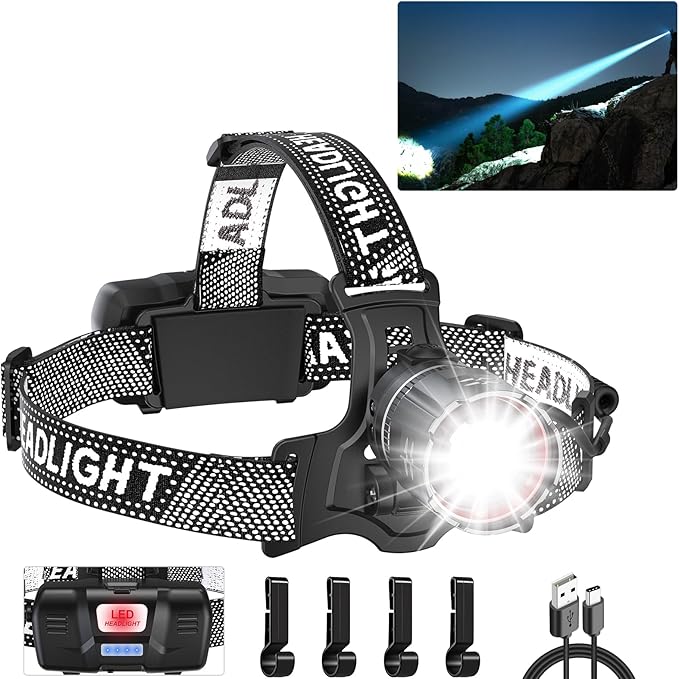 Super Bright LED Headlamp, High Lumen Rechargeable Head Lamp with Motion Sensor, 5 Modes, IPX5