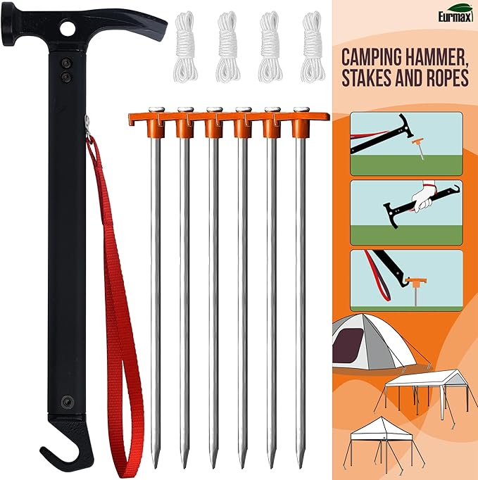 Eurmax USA Hiking Camping Tent Stakes and Hammer Set Lightweight Multi-Function Tent Hammer with