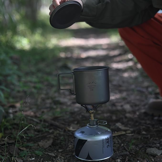 SANTTA Camp Cup MUG with Lid & Pouch, 18.6 oz Ultra Light Titanium Cup with Foldable Handle Camping
