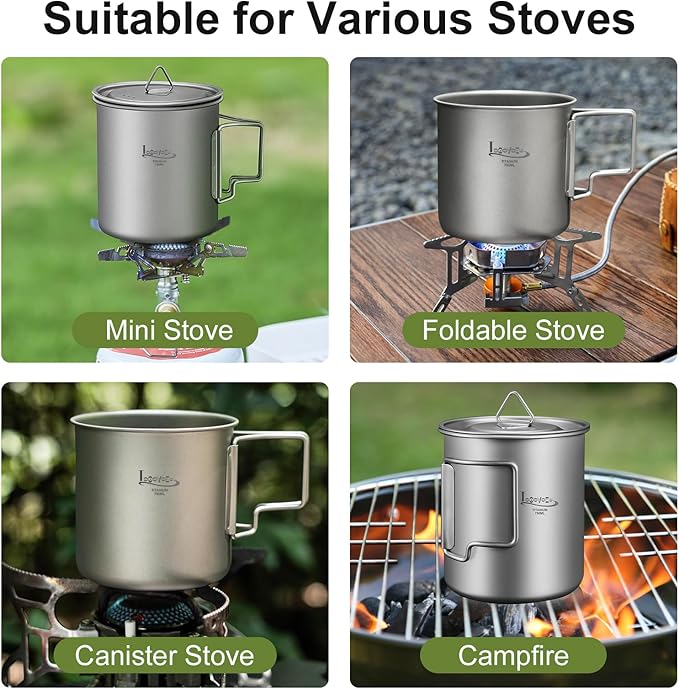 Titanium Pot with Lid, Lightweight Camping Pot with Foldable Handles, Portable Titanium Cooking