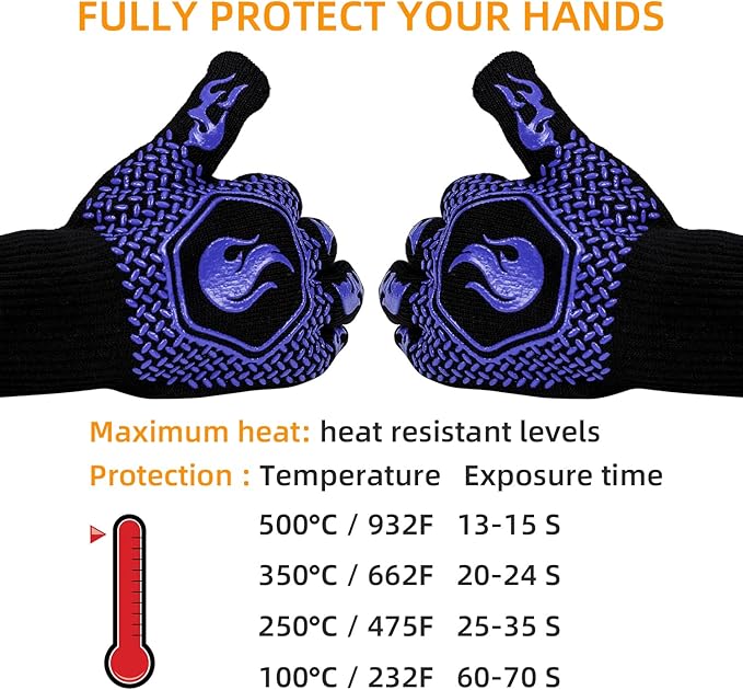 BBQ Fireproof Gloves, Grill Cut-Resistant Gloves 1472°F Heat Resistant Gloves, Non-Slip Silicone