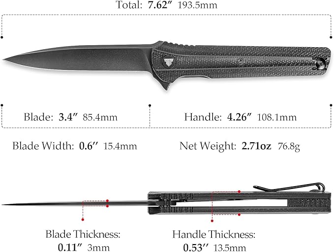 EDC Pocket Knife for Men,Folding Knives with Reversible Clip,Liner Lock 3.4'' Black PVD 14C28N