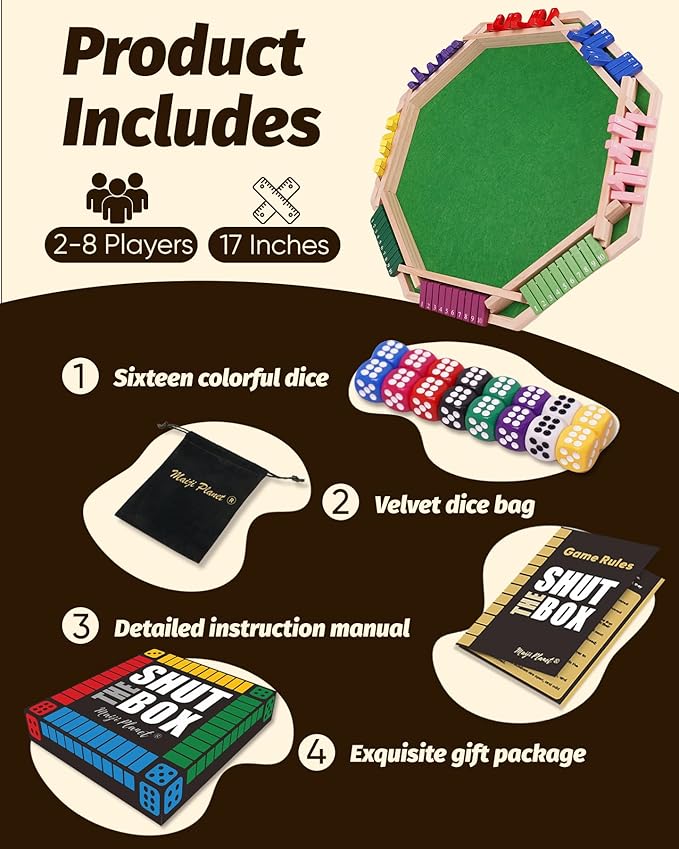 Deluxe 2-8 Player Original Shut The Box Game, Math Dice Board Game for Family Night Classroom