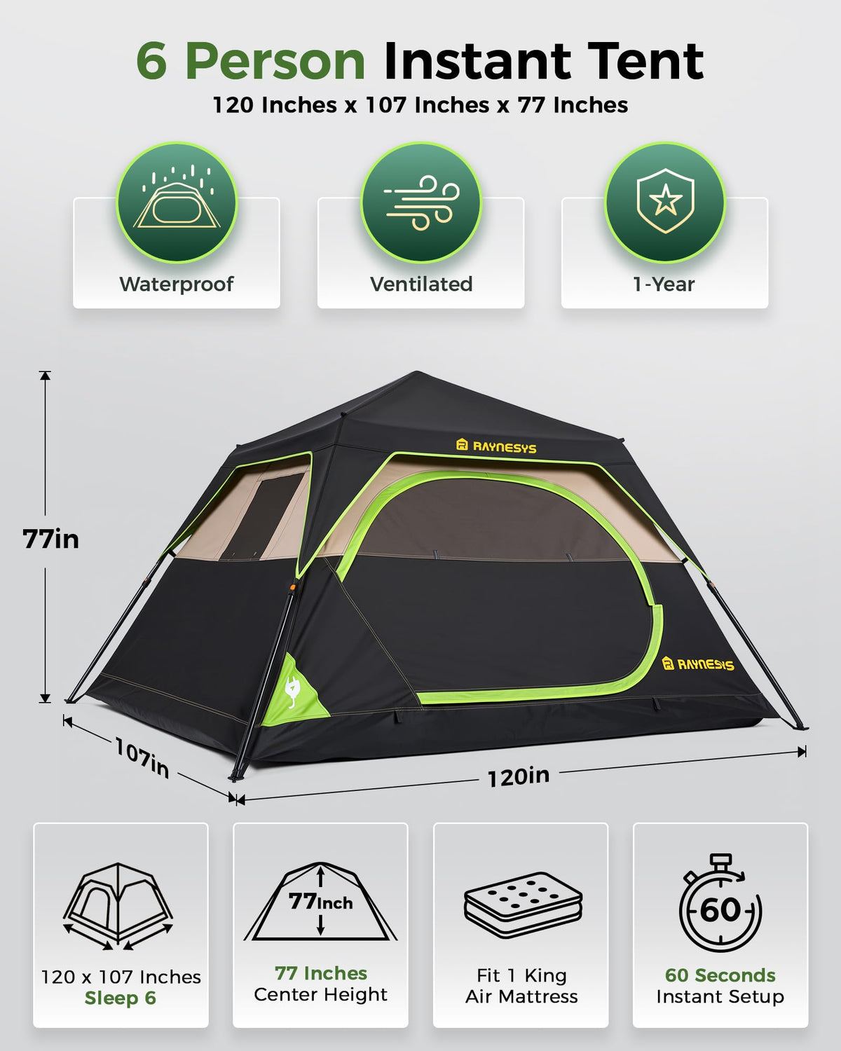6 Person Camping Tent, Setup in 60 Seconds, Waterproof,Outdoor Camping