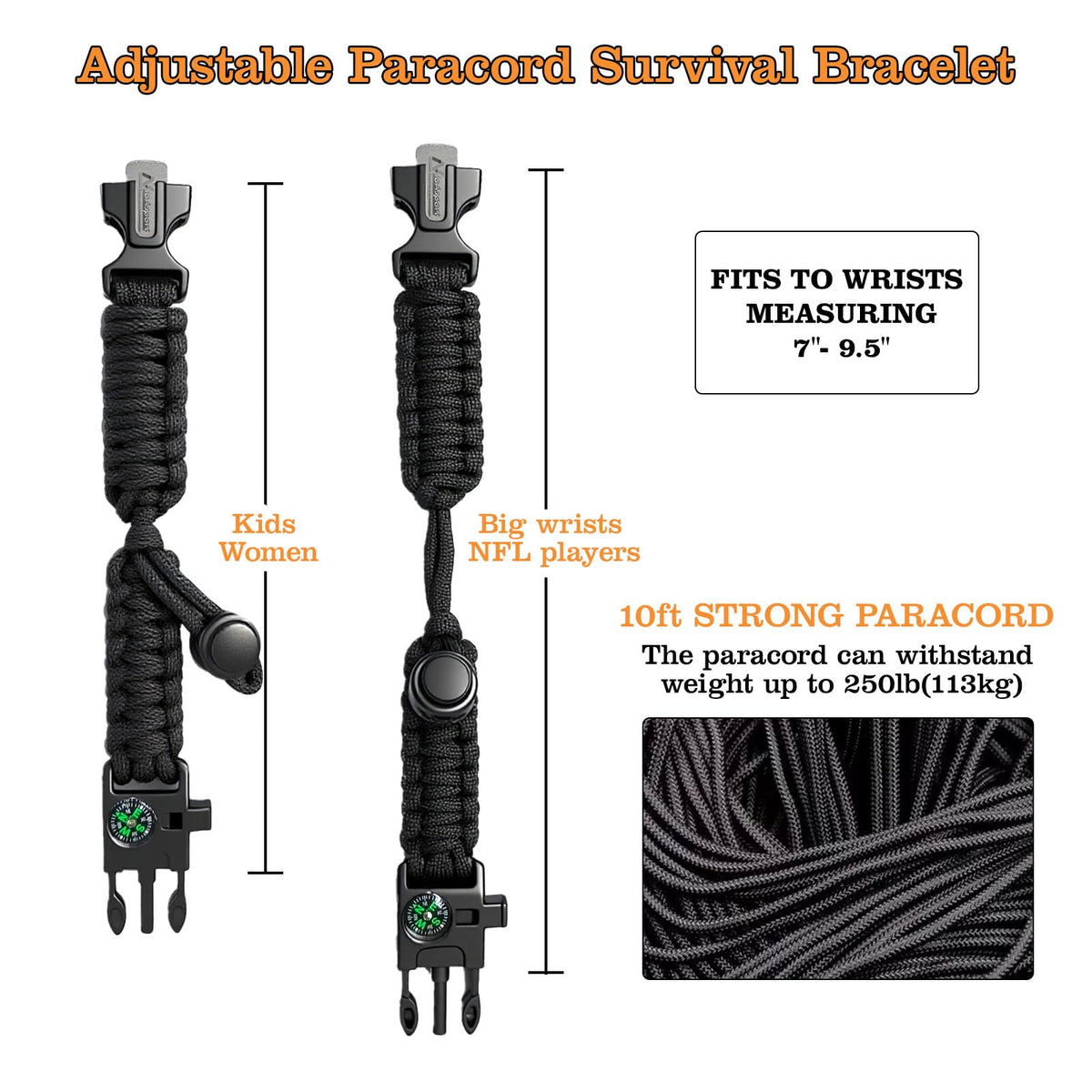 NVioAsport Paracord Survival Bracelet (3 Pack) - Adjustable with Fire Starter, Whistle, Compass