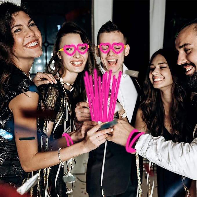 60 Pack 8??Pink Glow Sticks Bulk Bright Glow Sticks with 60 Connectors 20 Heart Glasses Glow In The