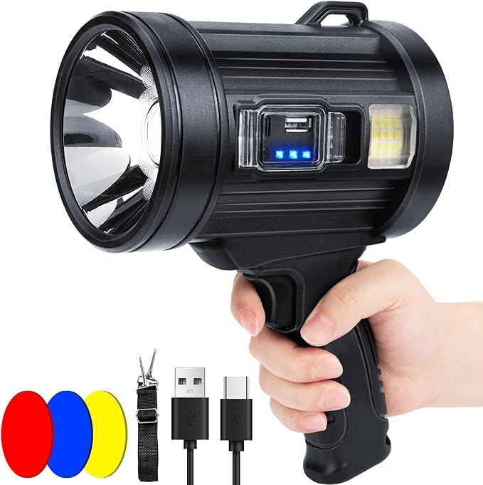 Rechargeable Spotlight Flashlight, 99,000 Lumens Spot Light Handheld Spot Lights, LED Spotlights