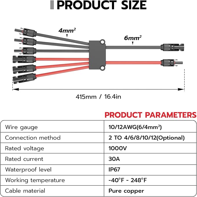 1 Pair Solar Connectors Y Branch 2 to 6,30A 1000VDC Solar Parallel Connectors for 2-3 Solar