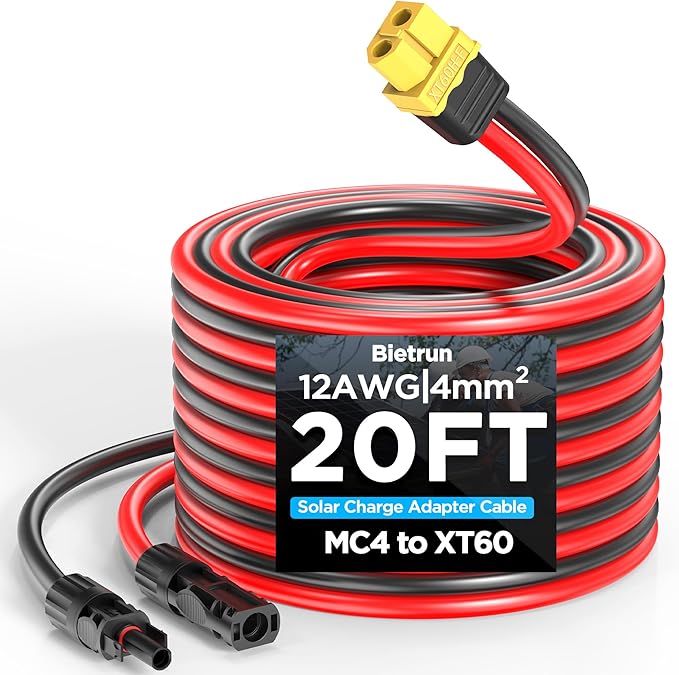 Mc4 to Xt60, 20FT Xt60 Connector Solar Charge Cable, 12AWG Pure Copper Solar Panel Mc4 to XT60