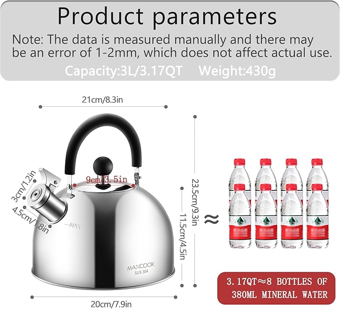 304 Stainless Steel Whistling Tea Kettle 3.17 Quart/3L Tea Pot, Suitable to Boiling Water & Tea on