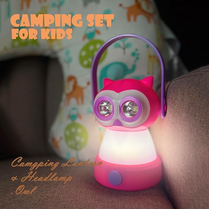 Kids Owl Lantern & Headlamp Set, 2-in-1 360° LED Camping Night Light, Battery Powered 3×AA