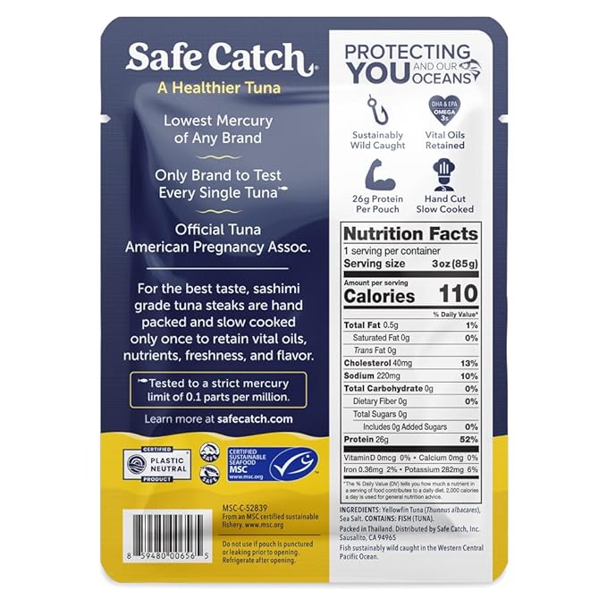 Safe Catch Wild Ahi Yellowfin Tuna Fish Pouches, Wild Caught, Lowest Mercury, Lean Protein, Omega