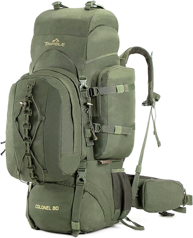Tripole Colonel 80 Litres Internal Frame Rucksack + Detachable Day Pack, Rain Cover, Army Green