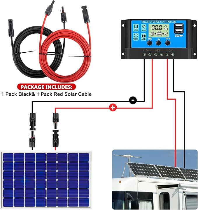 2x50 Feet Solar Panel Extension Cable- 10AWG Solar Cable Solar Panel Cable with Female and Male