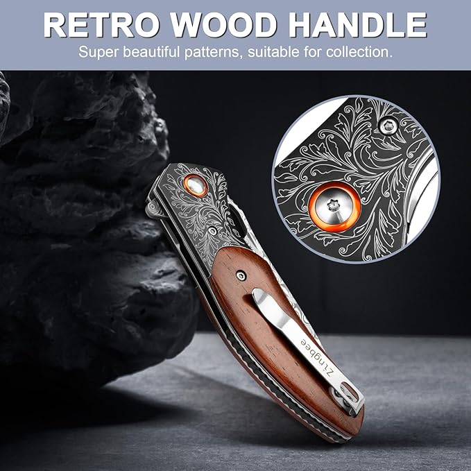 Damascus Pocket Knife with Sheath, 3.35" Damascus Steel Blade Knife with Wooden Handle, EDC Pocket