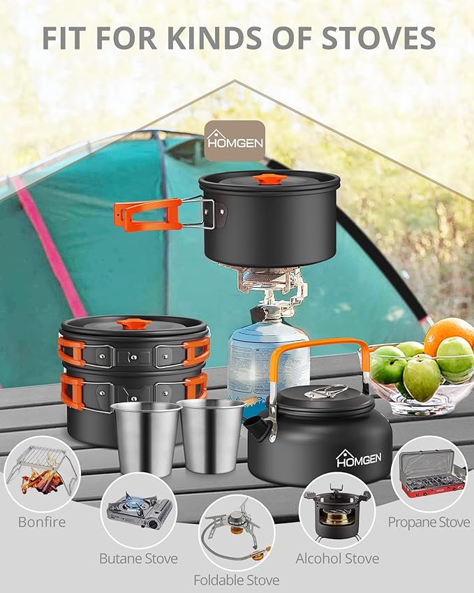 HOMGEN 12-Pieces Ultralight Anodized Aluminum Camping Cookware Set for 2 People - Nesting Pot/Pan