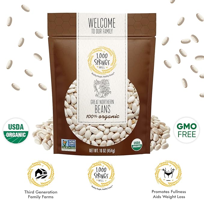 1000 SPRINGS MILL - Organic Great Northern Beans - Used for Salads, Soups, Stews, Casseroles