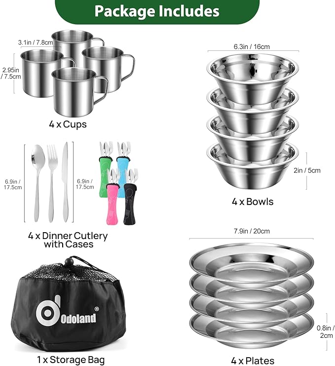 Odoland 29pcs Stainless Steel Utensils Camping Tableware Kit with Bowls Plates Cups Forks Spoons