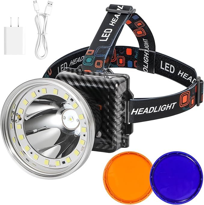 Rechargeable LED Headlamp with Flood and Spot Beam, Power Display, 5 Lighting Modes, Yellow/Blue