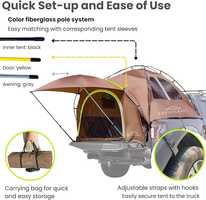 Savvycraft Pickup Truck Tent for Full Size and Mid Size Truck Short Bed and Long Bed, Waterproof