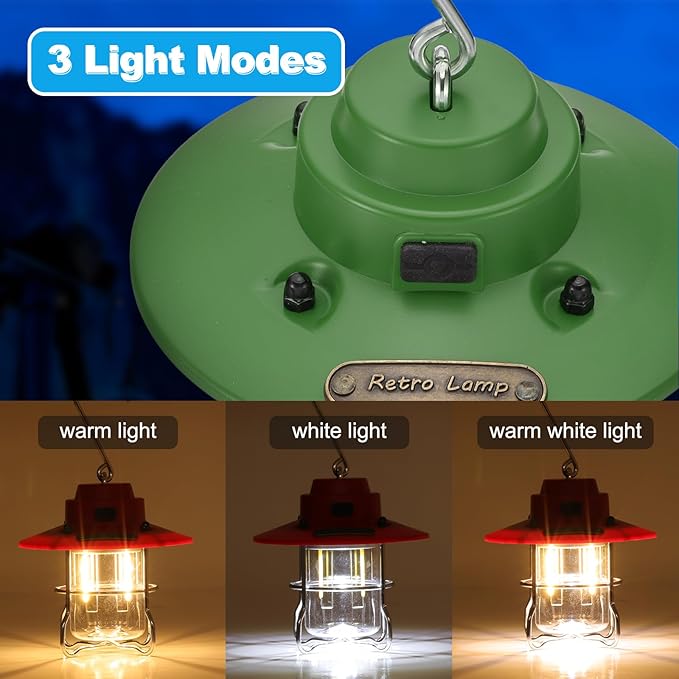 PATIKIL LED Camping Lantern, 2 Pack Vintage Rechargeable Lantern 3 Light Modes Portable Hanging