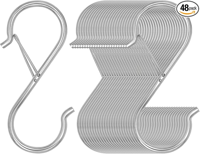 48 Pack S Hooks for Hanging, 3.5 inch Heavy Duty Metal S Hooks with Safety Buckle S Shaped Hooks