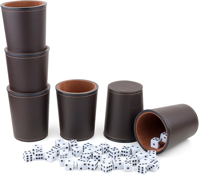 Felt-Lined PU Leather Dice Cup Set, 6 Quiet Dice Shaker Cups with 36 Dices for Bar Party Yahtzee