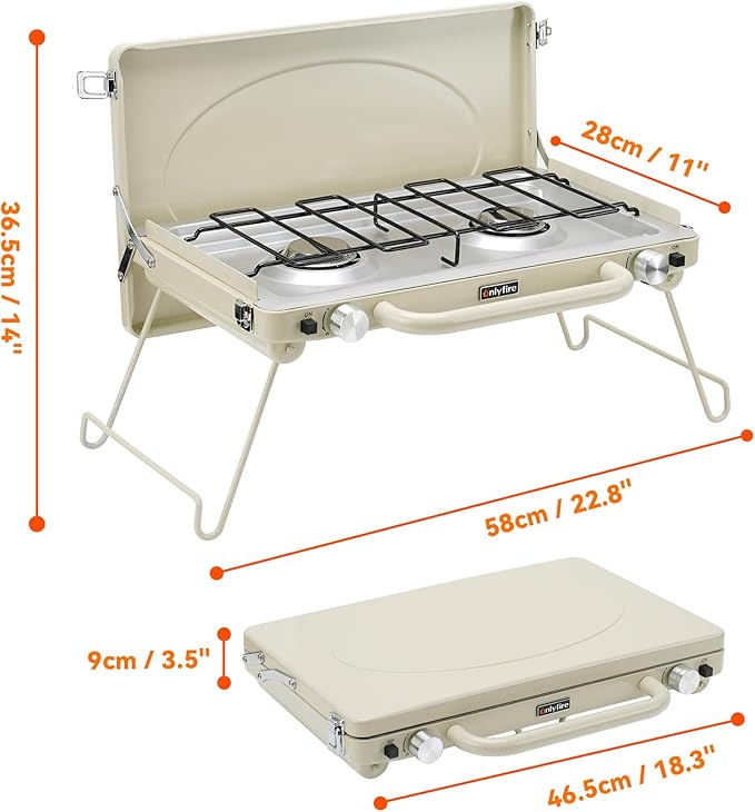 ONLYFIRE OUTDOOR LIVING Portable Camping stove 2-Burner, Propane Gas Stove with Foldable Legs, Camp