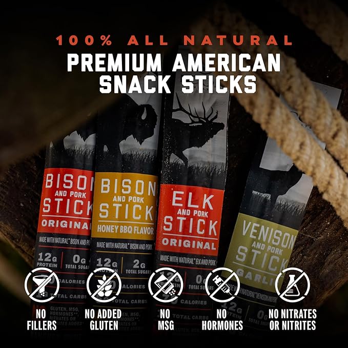 ICON Meats Snack Sticks Sampler - Assorted Flavors of Bison, Elk, Venison and Pork Jerky Sticks
