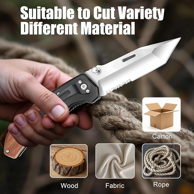 Vickay Pocket Knife, Folding Knife with Clip - 3.54″ Tanto Serrated Blade, Wood Handle EDC Knife