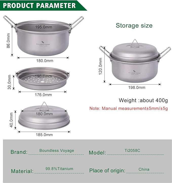 Boundless Voyage Multifunctional Titanium Steamer Pot with Frying Pan and Vented Lid Outdoor