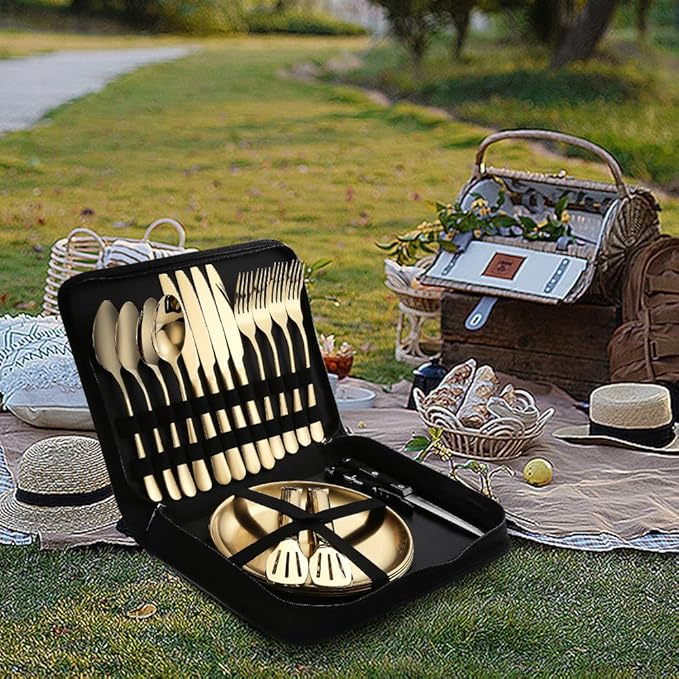 Picnic Dishes Utensils Gold Camping Flatware Set for 4 Portable Tableware Plates Silverware Forks