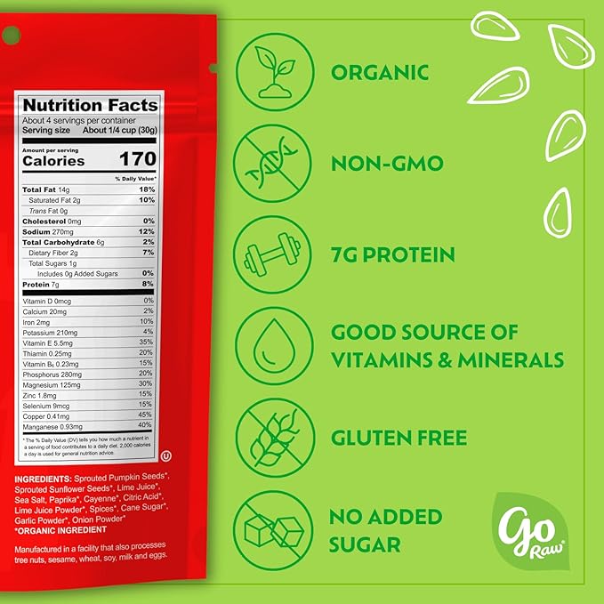 Go Raw Organic Sprouted Chili Lime Sprouted Snacking Seeds, 4 oz, 6 Pack, Pumpkin & Sunflower