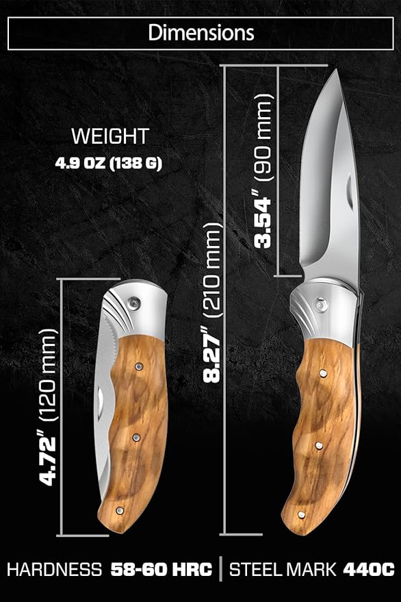Grand Way Pocket Knife for Men with Wood Handle, Liner lock - Folding Sharp Blade 3.54" - Cool