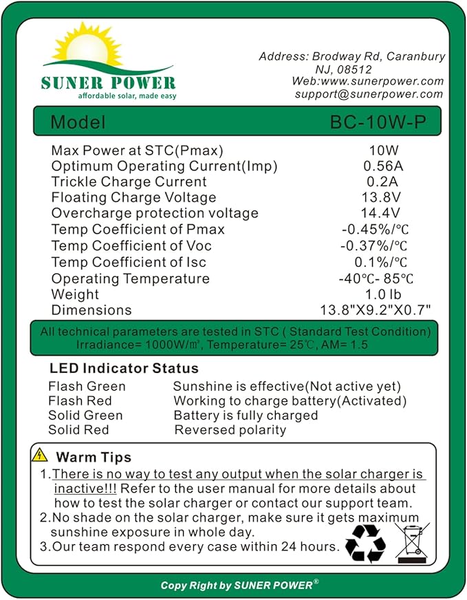 SUNER POWER 10W 12V Solar Battery Charger Maintainer, Built-in Smart MPPT Charge Controller