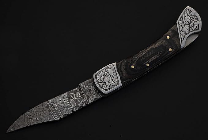 8.5" long Folding Knife, Wood Scale with Engraved steel bolster, custom made 4.25" Hand Forged